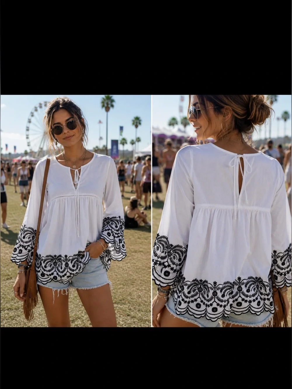 Zara White Tunic Blouse with Black Embroidered Hem
